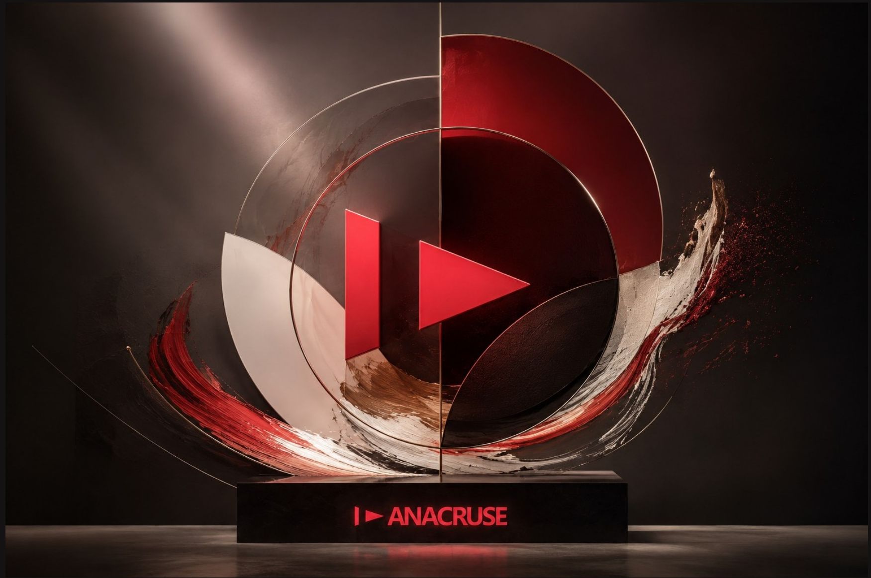 Escultura conceitual da marca Anacruse em vermelho, vidro e metal
